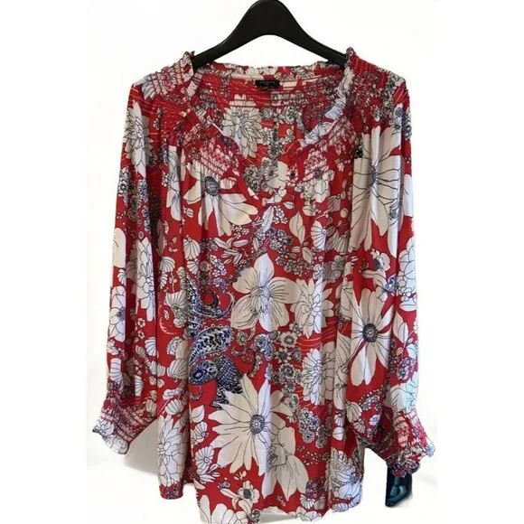 Talbots Womens Blouse‎ 3X Red White Smocked Top Paisley Floral Bright  Tropical